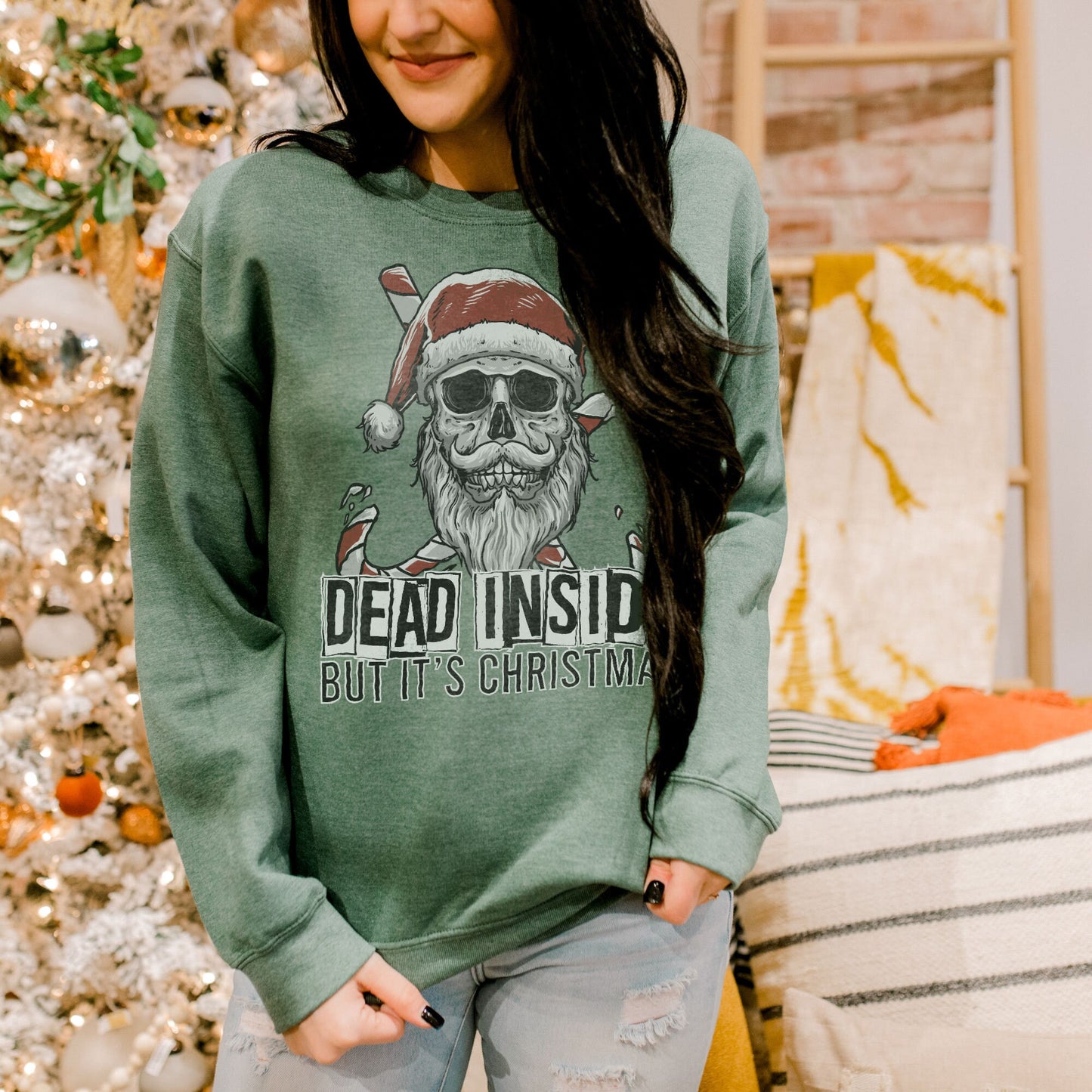 Dead Inside But Its Christmas Skull Sublimation Design PNG Digital Download Printable Skeleton Santa Hat Candy Canes Dark Humor Grunge