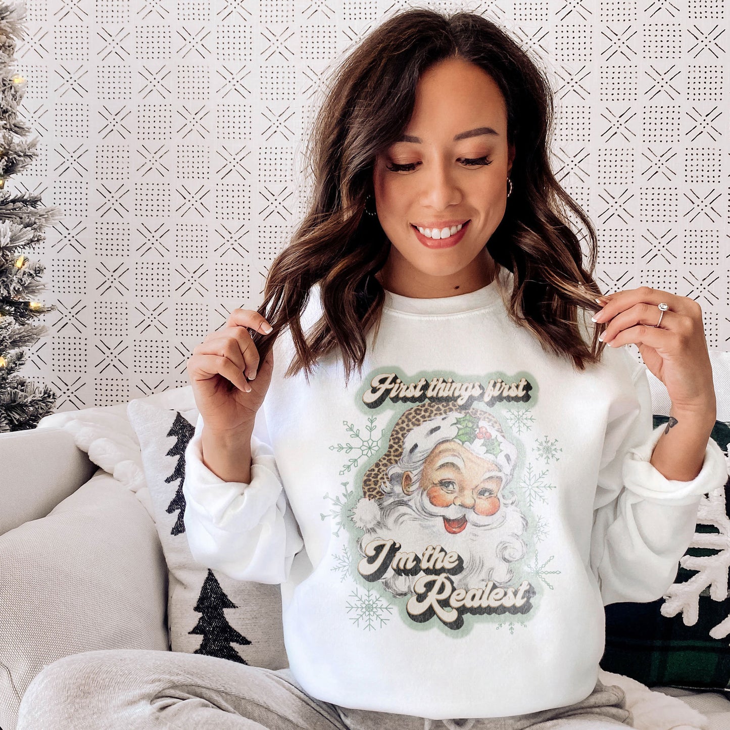 First Things First Im The Realest Santa Sublimation Design PNG Digital Download Printable Leopard Cheetah Sage Green Snowflakes