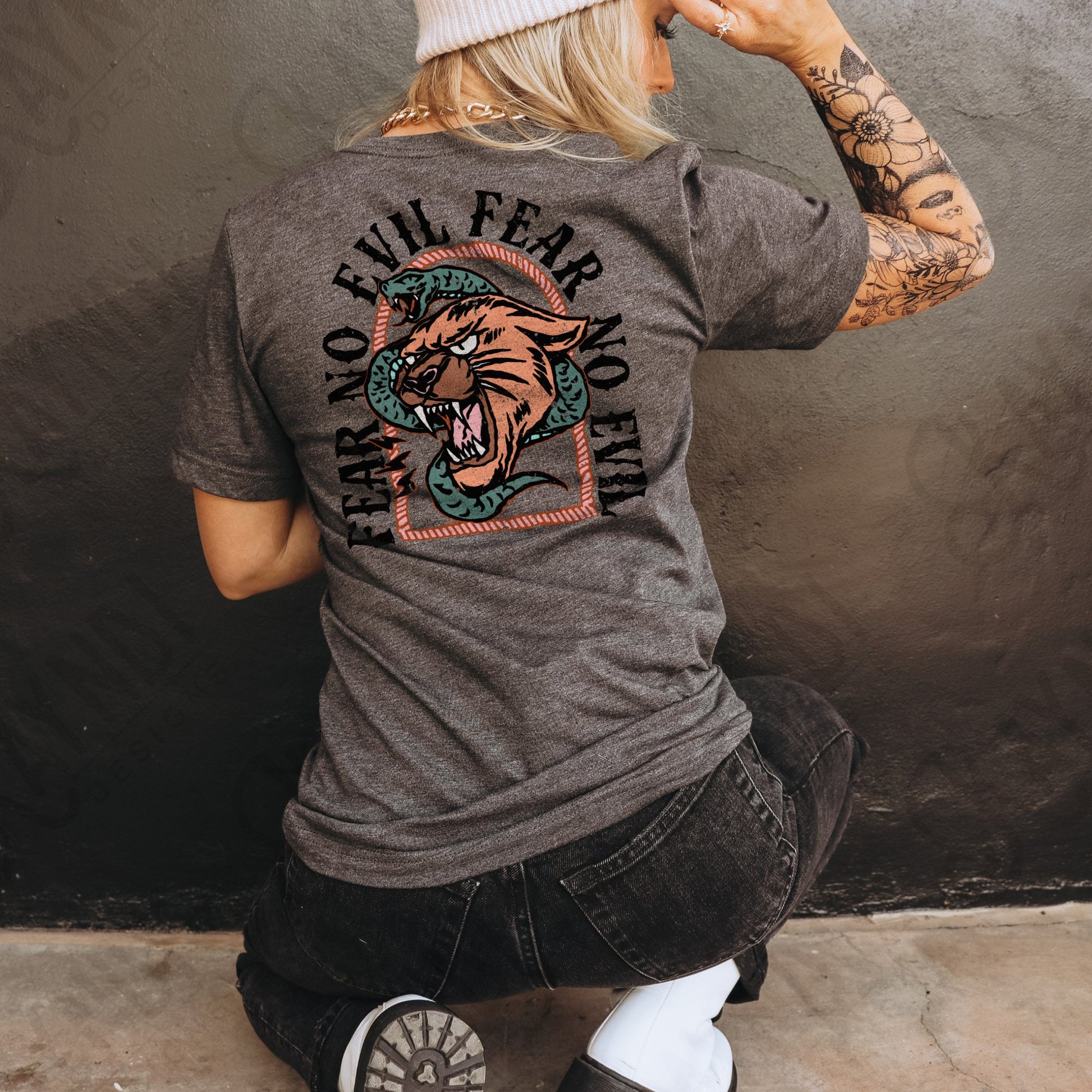 Fear No Evil Pocket Design Included Muted Sublimation Design PNG Digital Download Printable Snake Lion Cat Grunge Christian Rock Retro