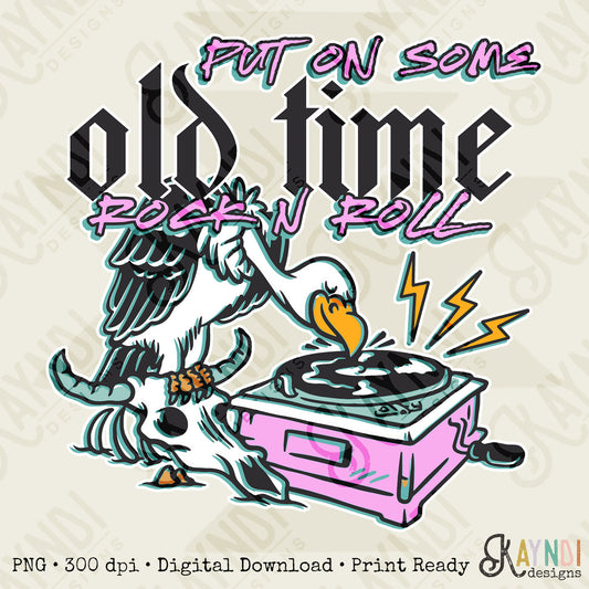 Put ON Some Old Time Rock N Roll Sublimation Design PNG Digital Download Printable Steer Skull Record 80s 70s Skull Grunge Rock Band