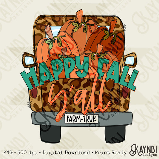 Happy Fall Y'all Sublimation Design PNG Digital Download Printable Doodle Farm Truck Pumpkin Patch Leopard Truck Autumn Cute Mama Pumpkins