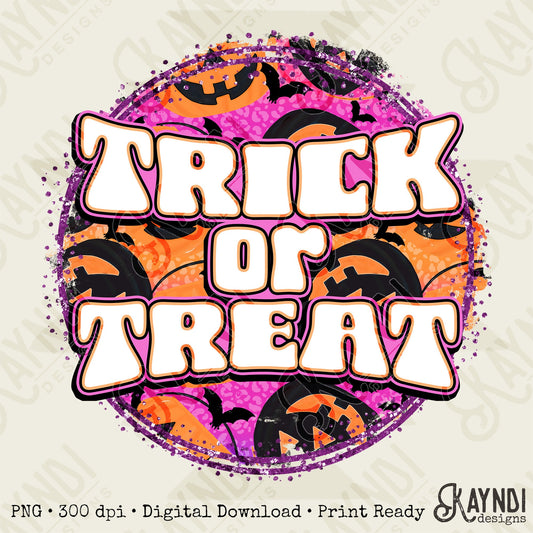 Trick Or Treat Sublimation Design PNG Digital Download Printable Halloween Jack Lantern Pumpkin Bats Groovy Kids Children's Girls Glitter